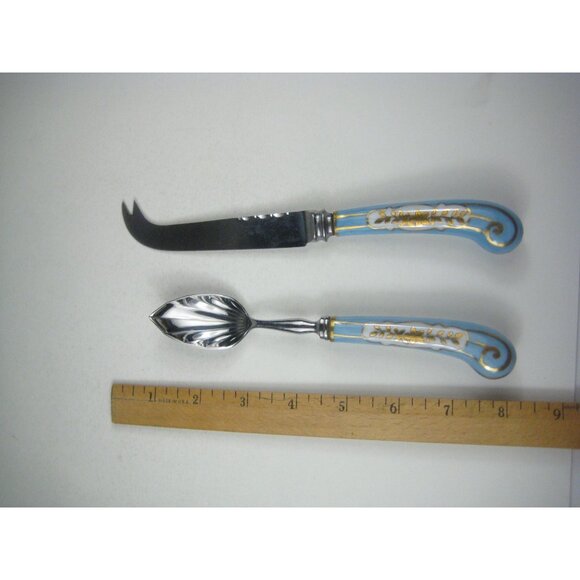Decorative Cheese Knife Spoon Set Blue Gold Porcelain Handles Serving Utensils - Picture 2 of 9